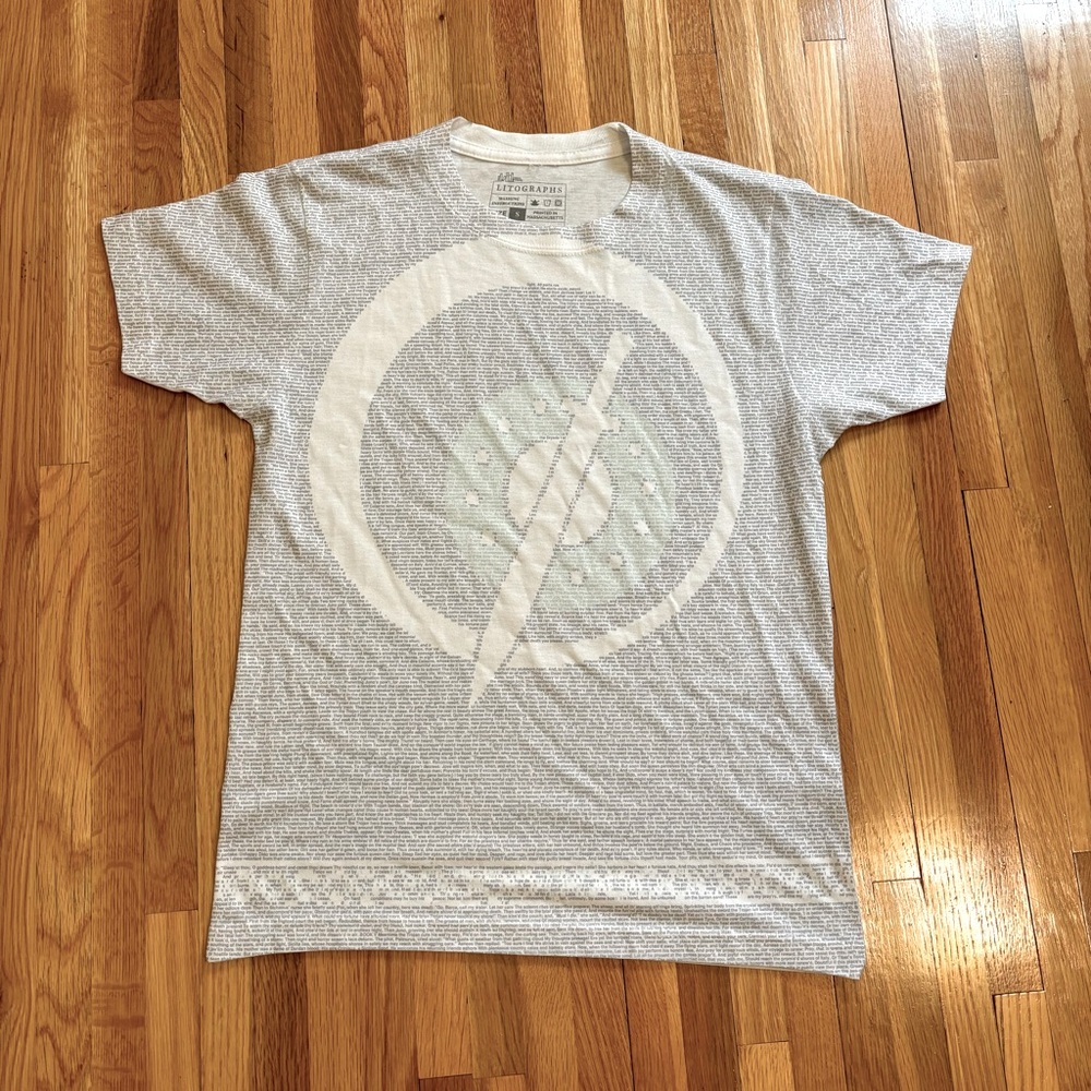 Litographs Aeneid by Virgil text and sword print t-shirt unisex size small